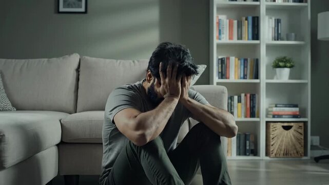 Man in despair sitting on the floor at home, suffering from depression and anxiety.