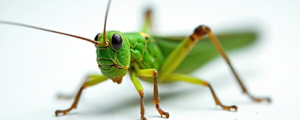 Macro photo shows bright green grasshopper on plain white background. Detailed insect front view with big black eyes, long antennae, segmented body, slender legs. Shows vivid colors, textures of