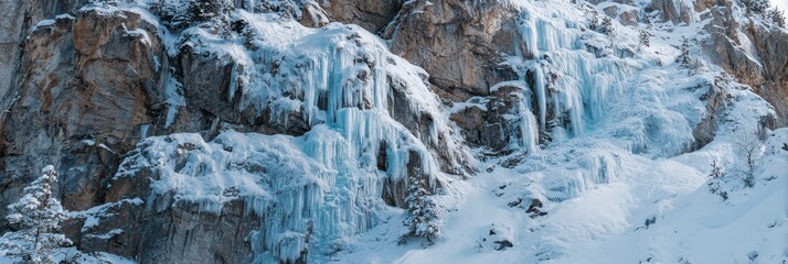 Frozen waterfall cascades down a snow covered rocky mountainside in winter image