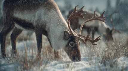 sparkling reindeer grazing in a snowy field,