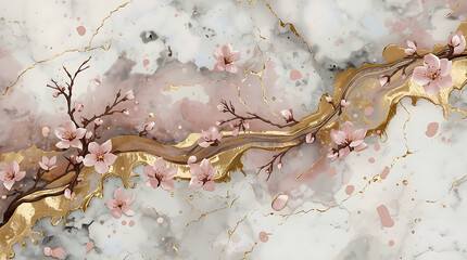 Abstract marble texture features pink petals and blossom flower swirls, combined with gold painted lines, creating a luxurious fluid background suitable for banners and paintings.