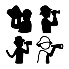 Various black silhouettes of people looking through optical devices like binoculars and telescopes