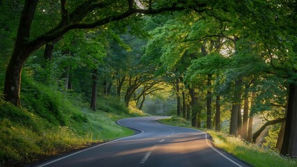 Fototapeta premium Serene Meandering Road Through Lush Green Forest with Sunlight Photo