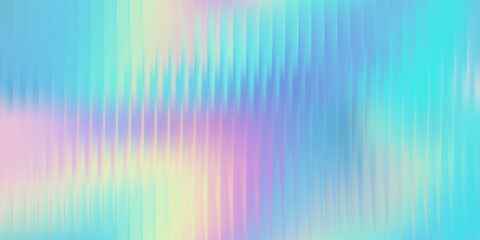 Iridescent reeded glass gradient, flowing distortion and soft luminous blur in pastel cyan, lilac and cream tones. Futuristic vertical texture with prism reflection, vector illustration