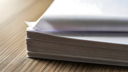 Stack of papers on a wooden table with natural light illumination