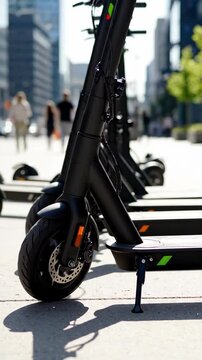 Electric scooters parked in a row on a city sidewalk for public use.