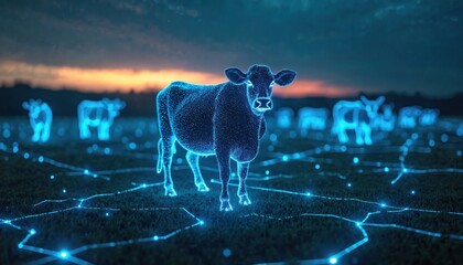 Cows in digital landscape at dusk. Blue neon outlines form animals and network lines connect them. Futuristic farm with glowing data streams.