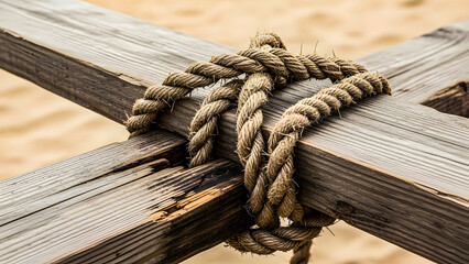 Weathered wooden structure tied with rope on sandy terrain
