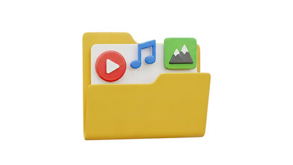 Folder icon with media and image icons on transparent background