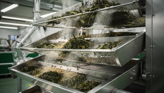 Medium shot focusing on a blend of vibrating screens and airflow systems emphasizing the efficiency in refining different tea grades through separation techniques.