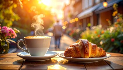 A delicious breakfast of coffee and croissant in a sunny cafe. The cup of coffee is steaming, and the croissant is golden brown