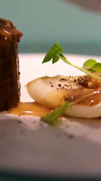 dishes of haute cuisine presentation serving details in dishes. chef hands put shrimps on plate. close up white plate in restaurant. food in Michelin restaurant. modern cooking technology