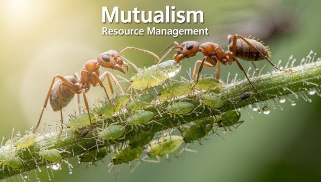 Macro of ants farming aphids on a green stem with morning dew, illustrating mutualism and resource management in nature against a soft green background.