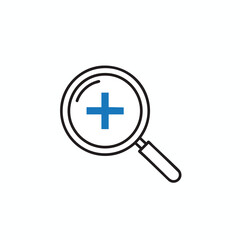Fototapeta premium A magnifying glass with a plus sign, black outline with blue cross
