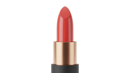 Fototapeta premium Coral Red Lipstick in Rose Gold Tube with Black Cap, Front View, Open Makeup Product Isolated on Transparent Background