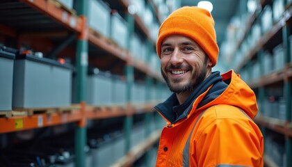 Man in orange uniform works in warehouse with batteries. Technician smiles, checks storage racks for electric vehicle energy cells. Industrial, logistics, recycling.