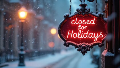 Red neon sign says closed for holidays. Snow falls on urban street with glowing lamps. Winter atmosphere invites cozy feelings, business closure for seasonal break.