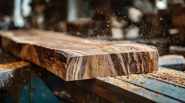 Closeup medium view of thick walnut slab being carefully resawn on a precision table saw showing wood grain and sawdust in a workshop setting - Powered by Adobe