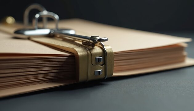 Closed file folder secured with a metal lock and key. Documents inside are safe and private. Represents secure record keeping and data security concepts for business. - Powered by Adobe