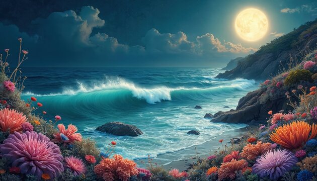 Coastal seascape at night with big moon. Bright waves crash on rocky shore with colorful flowers. Ocean view shows lush green cliffs under dark blue sky. Tide pool blooms with vibrant flora.