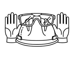 Protective gear including gloves, goggles, and respirator mask displayed together for safety equipment demonstration