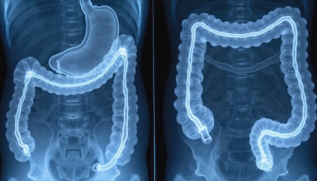 X-ray scan shows human digestive tract stomach large intestine such as transverse colon sigmoid colon and rectum. Medical imaging procedure.