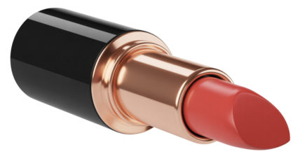  Luxury Coral Red Lipstick with Black Cap and Rose Gold Case, Angled Perspective, Isolated on Transparent Background.png