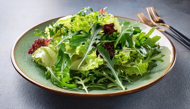 plate of fresh mixed greens salad with arugula and lettuce