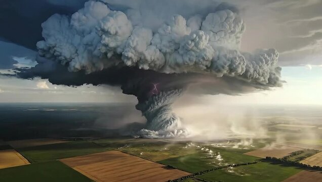 Majestic Supercell Thunderstorm Forming Over Rural Landscape with Dramatic Twilight Colors