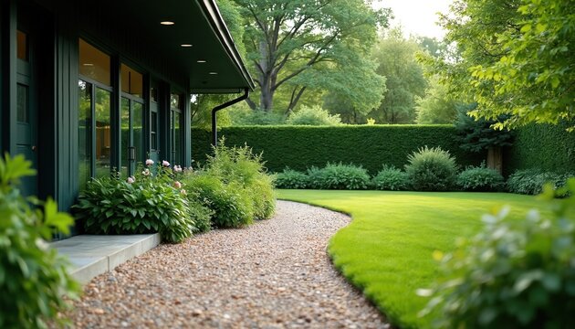 House overhang with garden path and manicured lawn. Lush green plants border walkway next to building in summer sunlight. Well kept yard features trimmed hedges and large trees.