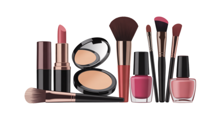 Luxury Cosmetic PNG Cut Out Elements Set, Lipsticks, Nail Polish, Blush, and Brushes Isolated  