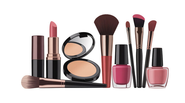 Luxury Cosmetic PNG Cut Out Elements Set, Lipsticks, Nail Polish, Blush, and Brushes Isolated  