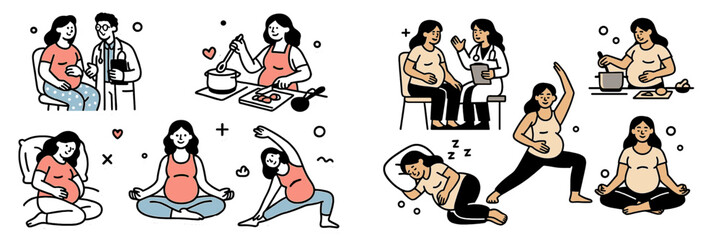 Illustration of various activities and healthcare for pregnant women