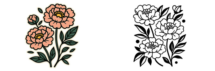 Floral vector illustration with peonies in color and black and white