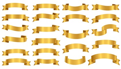 A collection of various golden ribbon banners with different shapes and designs against a white background