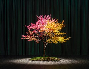 Pink & gold tree spotlighted on stage, green curtain back