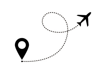 Trayectoria de vuelo de avi&oacute;n con l&iacute;nea punteada en bucle y marcador de ubicaci&oacute;n sobre fondo blanco