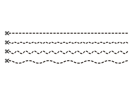 Conjunto de l&iacute;neas de corte punteadas y onduladas con iconos de tijeras negras sobre fondo blanco