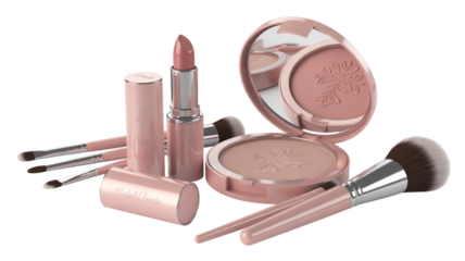  Luxury Pink Makeup Set with Lipstick, Brushes, Blush, and Powder, Angled Perspective, Isolated on Transparent Background