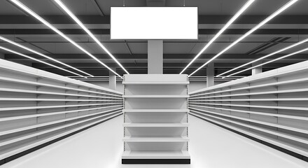 Empty supermarket aisle with a central display stand and a blank sign, symbolizing retail space, commerce, and future consumer trends