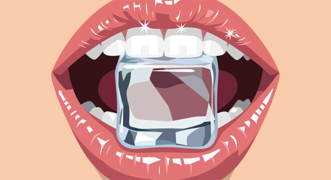 Close up of woman mouth biting a cold ice cube. Vector illustration of sexy glossy lips holding a frozen ice block between white teeth. Refreshing summer and beauty concept.