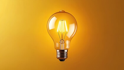Lit Edison style bulb glows brightly on ochre background. This vintage glass lamp shows filament wires. A symbol of bright ideas and innovation, classic lighting solution.