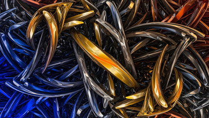 Intricate Metal Chains Intertwined with Golden Accents in a Complex Pattern