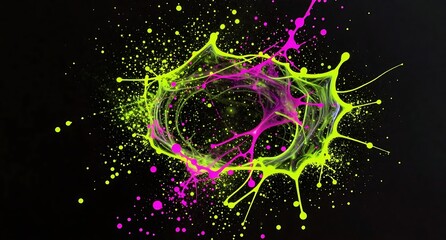 暗闇に弾ける鮮やかなネオンカラーのペイントスプラッシュ