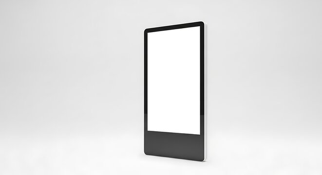 Modern digital signage kiosk with a blank white screen for advertising, public information, and interactive content, isolated on white background