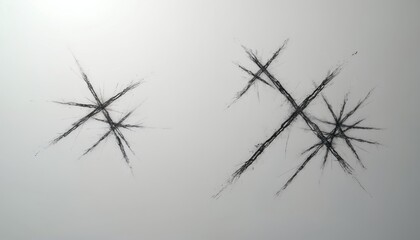 Abstract lines resembling cracks or scratches on a neutral background. Chaotic streaks create a distressed, damaged texture. Irregular marks form starburst shapes, conveying a sense of brokenness.