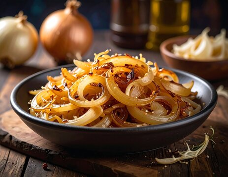 Close-up of caramelized onion rings in a black bowl, fresh and golden