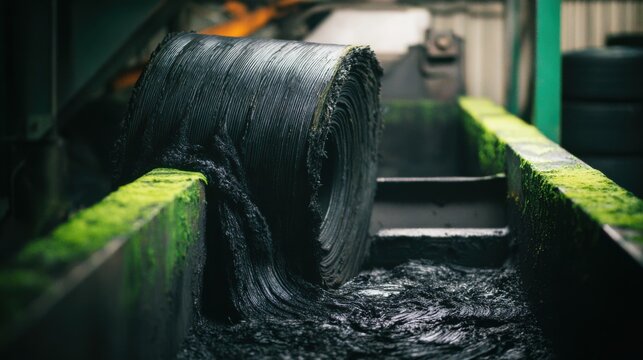 Footage of algaeinfused rubber retread mixing in a factory presenting cuttingedge biotechnology advancements and ecoconscious tire recycling efforts.