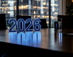 Conceptual image of 2026 global economy with glowing digital data, holographic world map, and financial charts on a professional office desk.