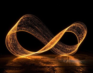 Golden infinity light trails float over dark surface